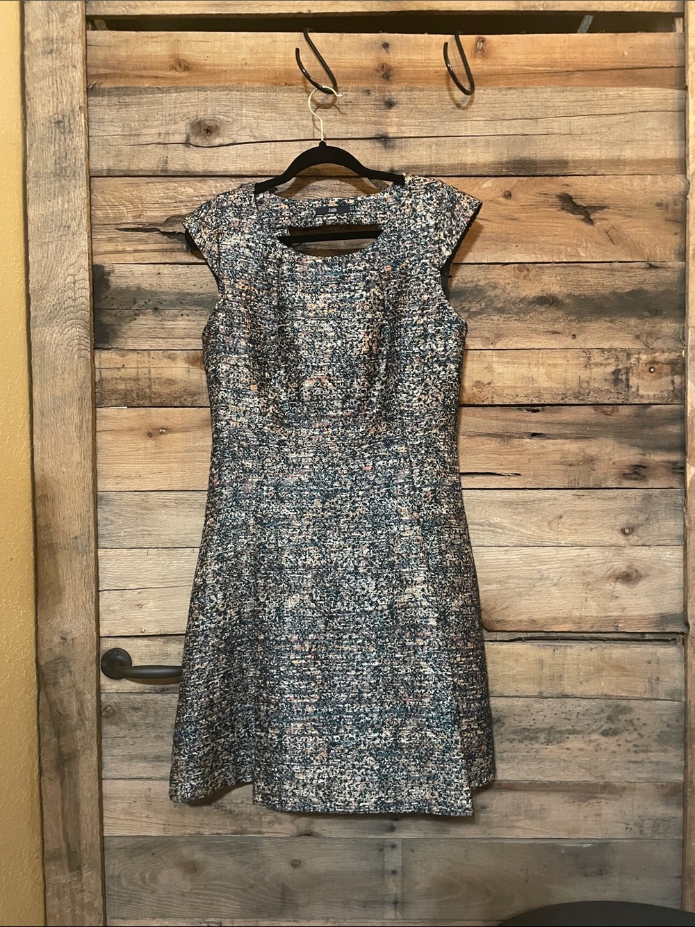Cap-Sleeve Tweed Mini Dress in Blue-Cream